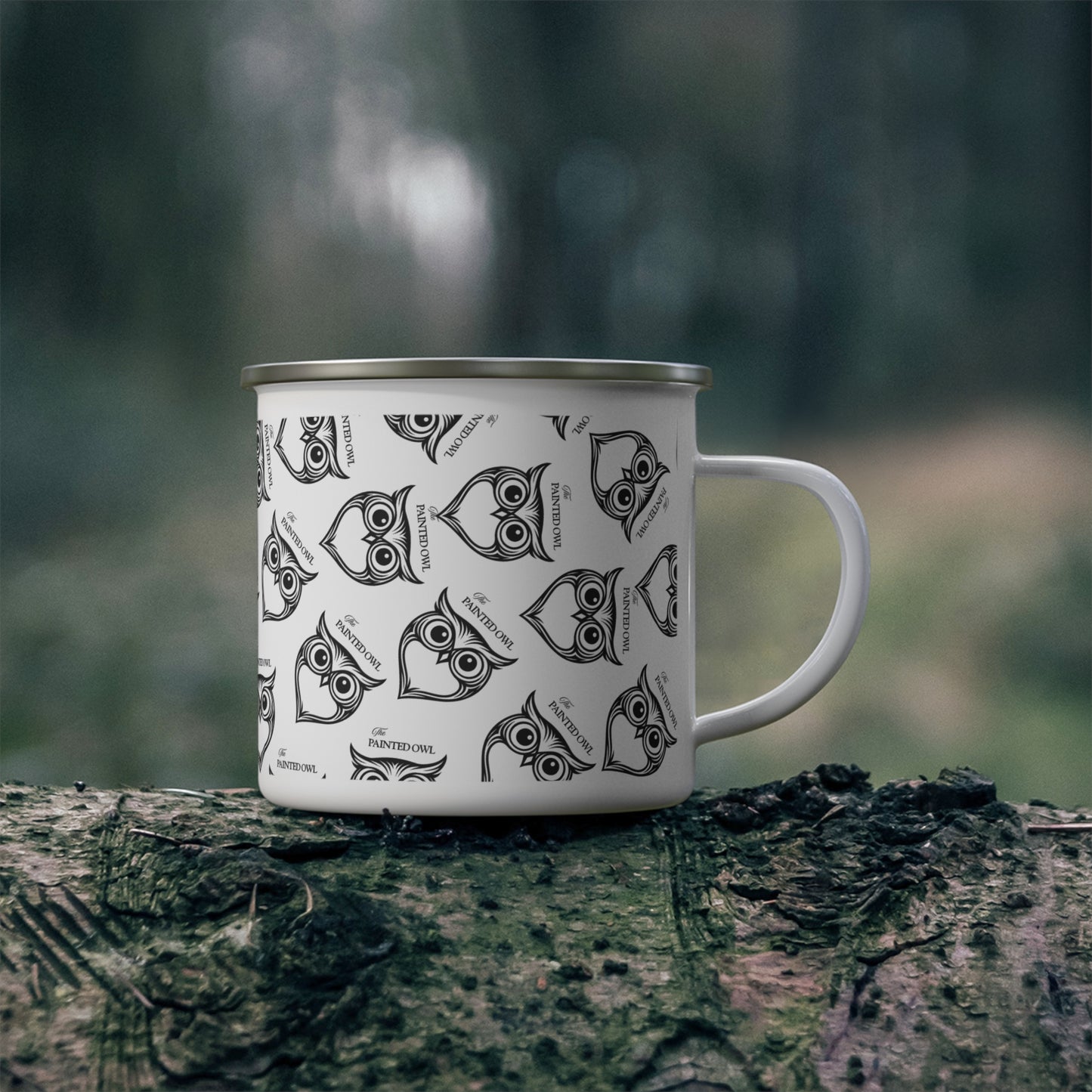 Owl Pattern Enamel Camping Mug — Retro Black & White Outdoors Cup