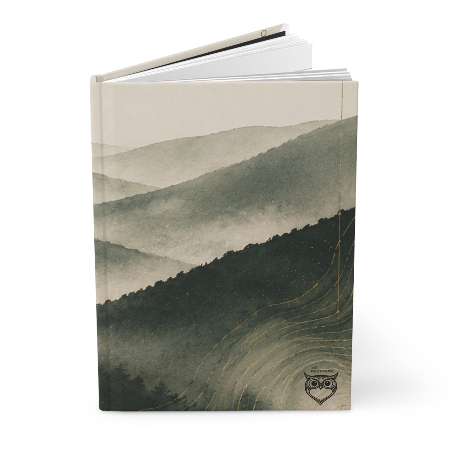Mountain Mist Hardcover Journal — Forest Watercolor Notebook with Owl Accent