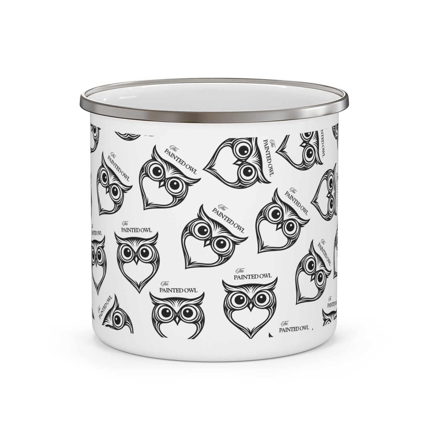 Owl Pattern Enamel Camping Mug — Retro Black & White Outdoors Cup