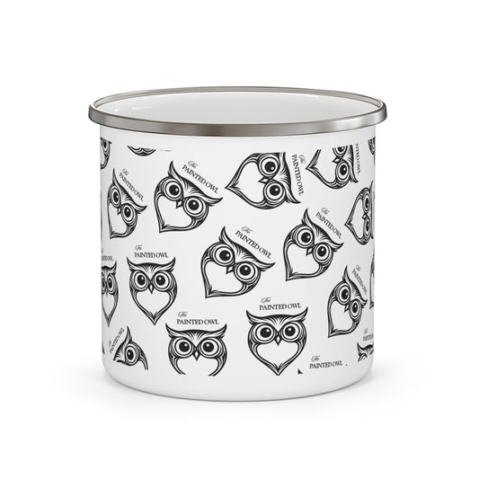 Owl Pattern Enamel Camping Mug — Retro Black & White Outdoors Cup