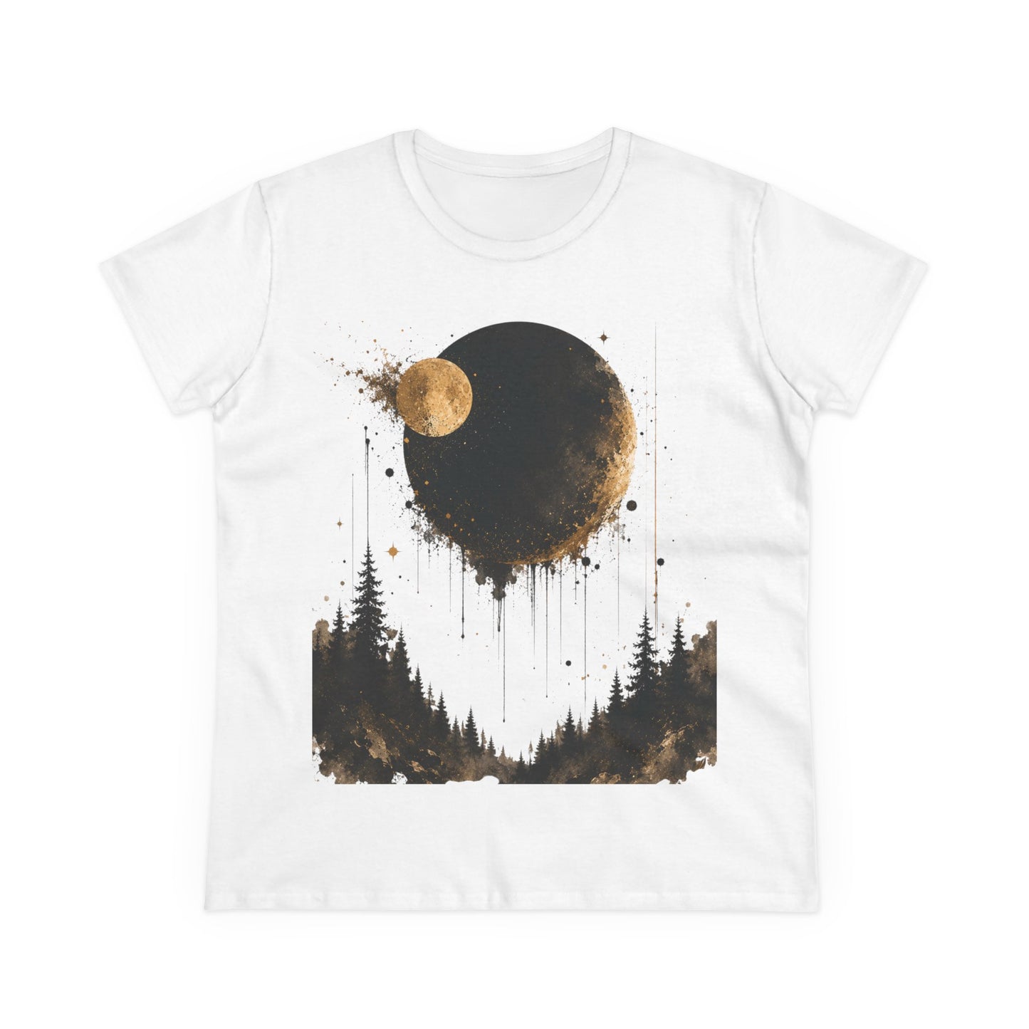 Women's Moon Forest Tee — Golden Lunar Night Graphic Shirt