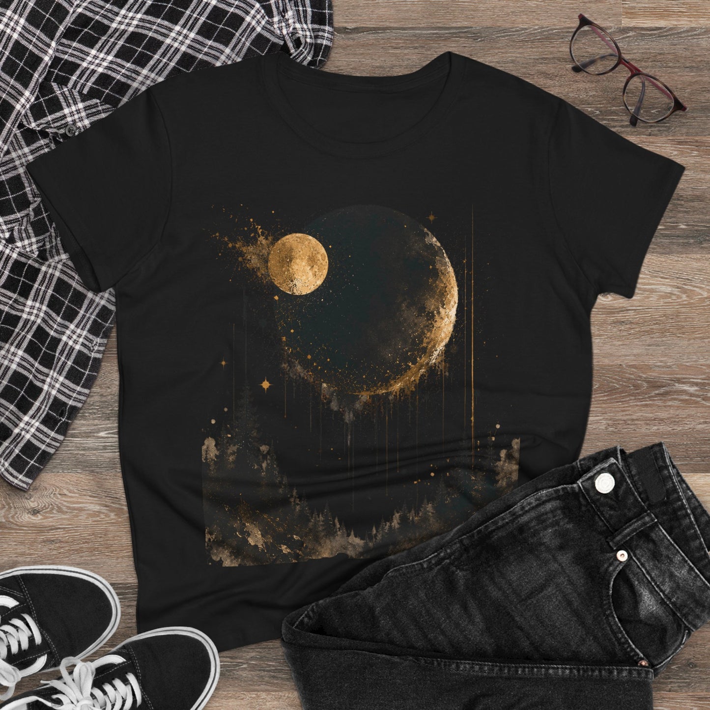 Women's Moon Forest Tee — Golden Lunar Night Graphic Shirt