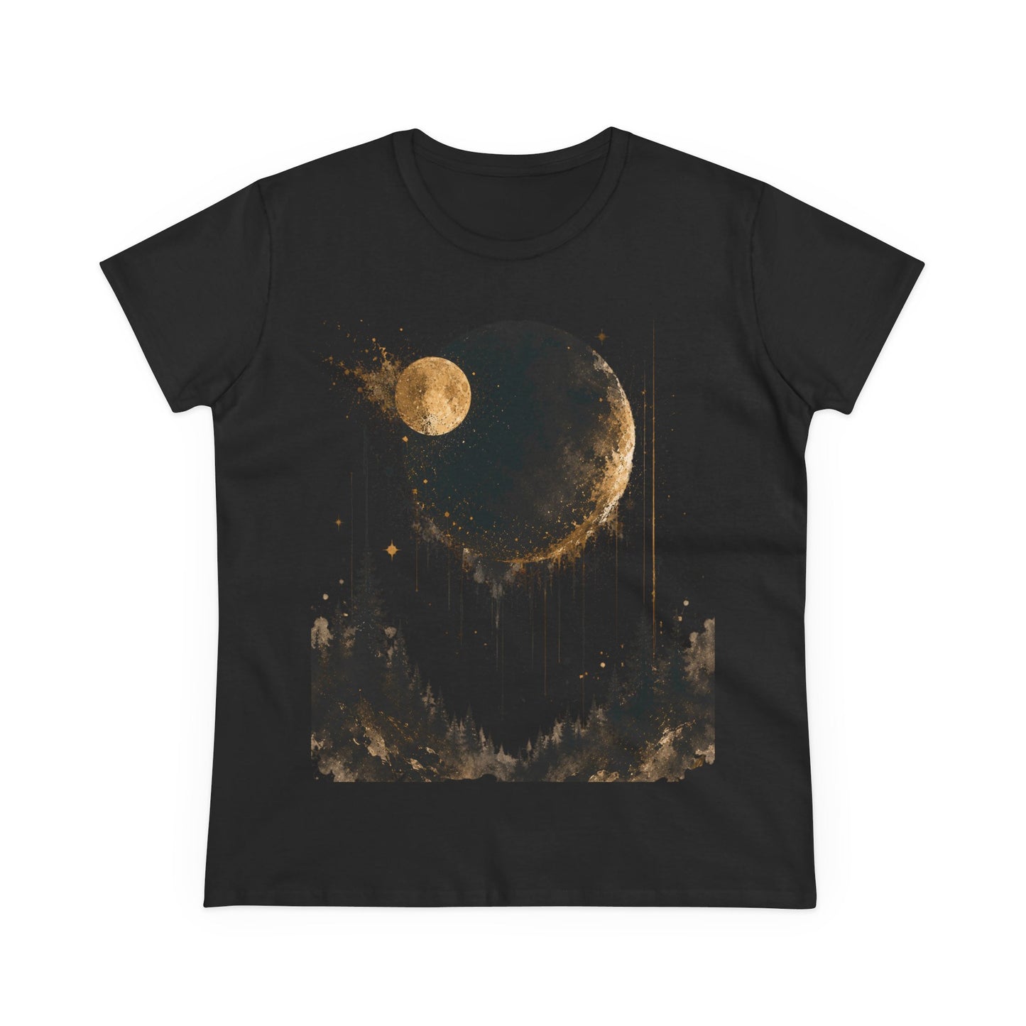Women's Moon Forest Tee — Golden Lunar Night Graphic Shirt