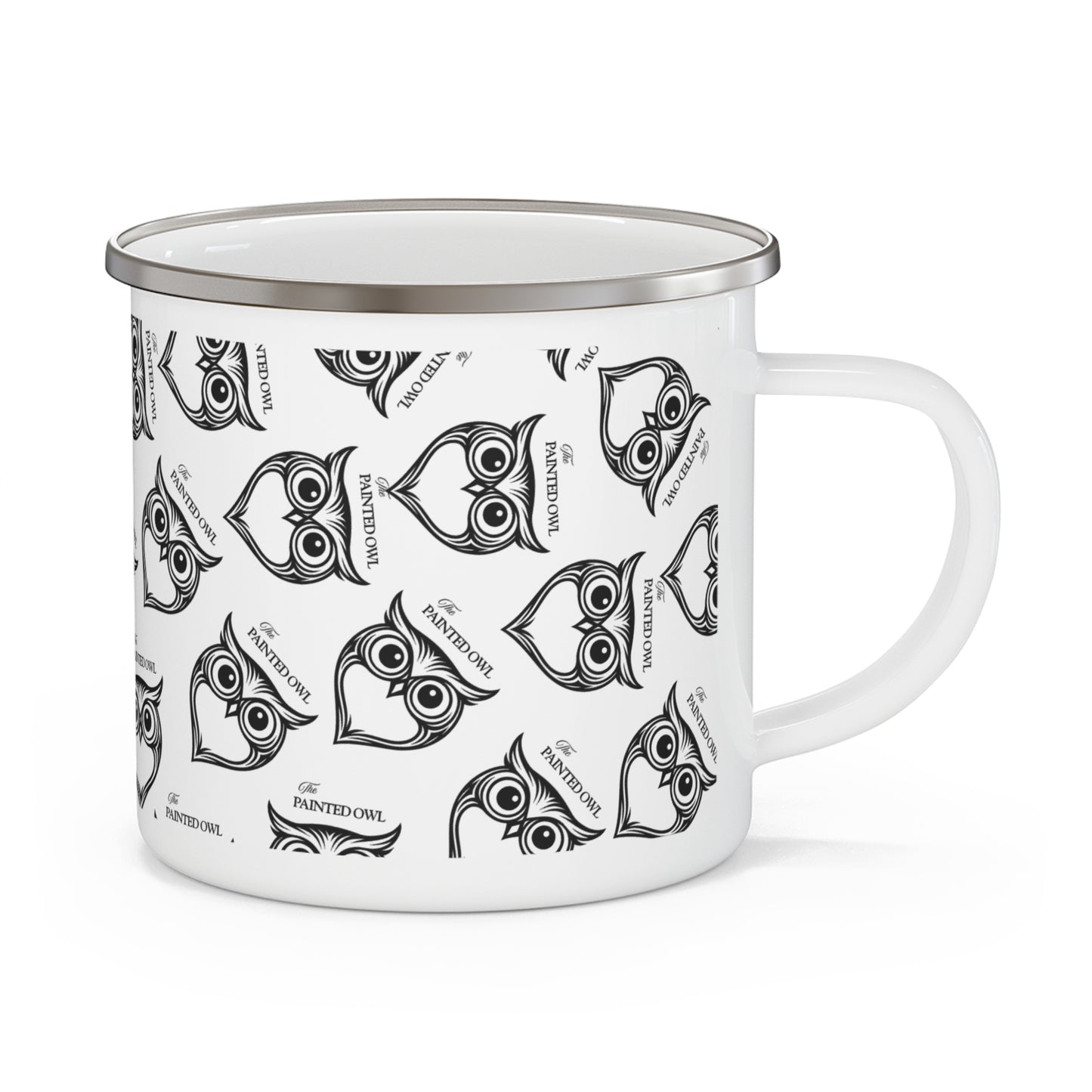Owl Pattern Enamel Camping Mug — Retro Black & White Outdoors Cup