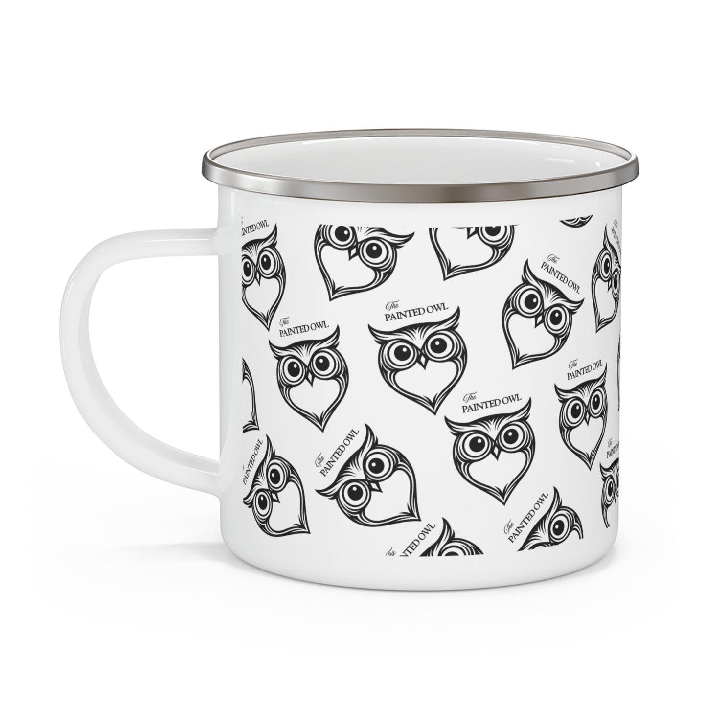 Owl Pattern Enamel Camping Mug — Retro Black & White Outdoors Cup