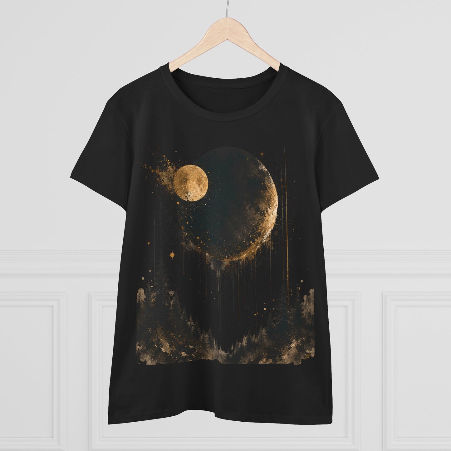 Women's Moon Forest Tee — Golden Lunar Night Graphic Shirt