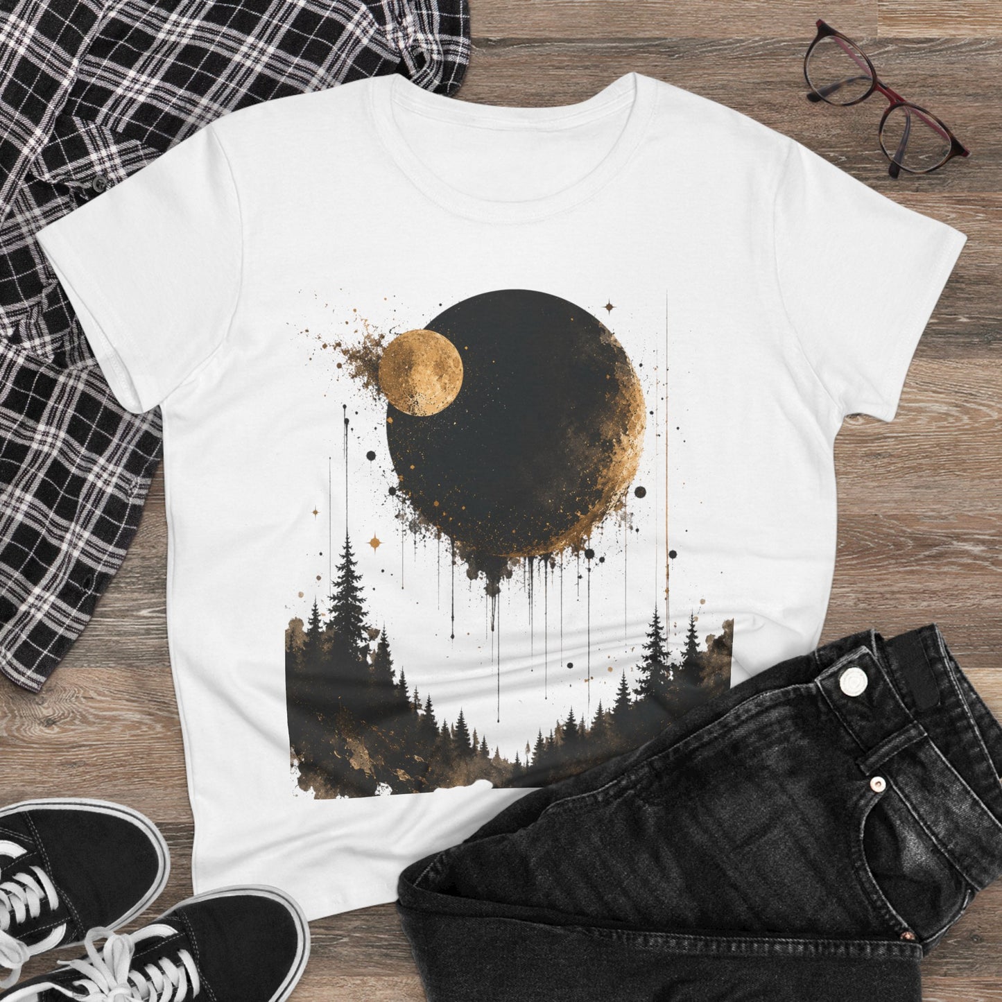 Women's Moon Forest Tee — Golden Lunar Night Graphic Shirt
