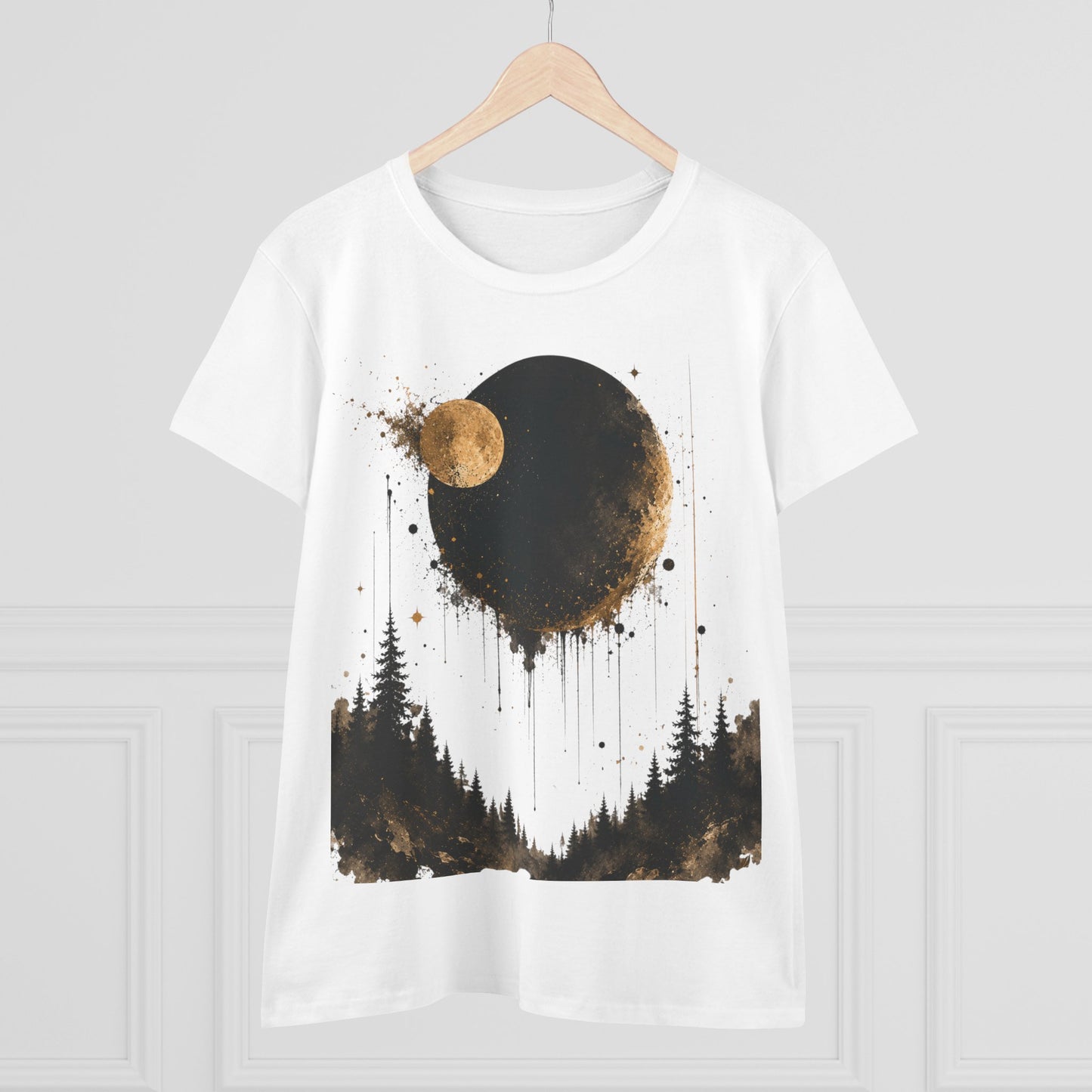 Women's Moon Forest Tee — Golden Lunar Night Graphic Shirt