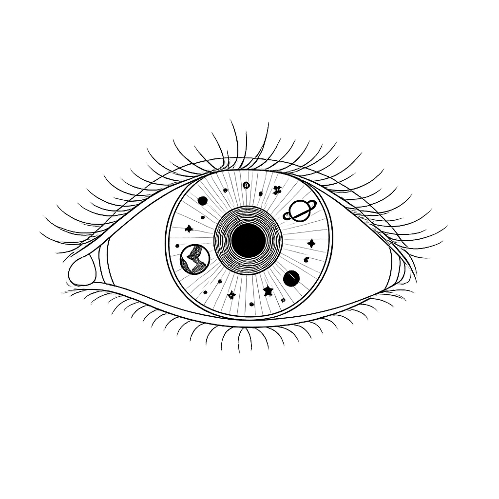 Illustration of an eye with celestial elements on a white background